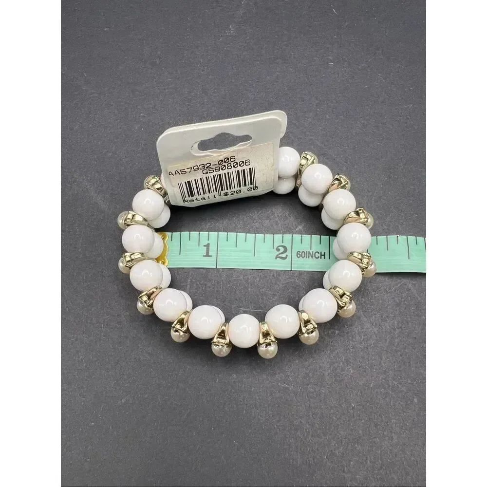 New! Golden Stella White Bead Faux Pearl Rhinestone Stretch Bracelet